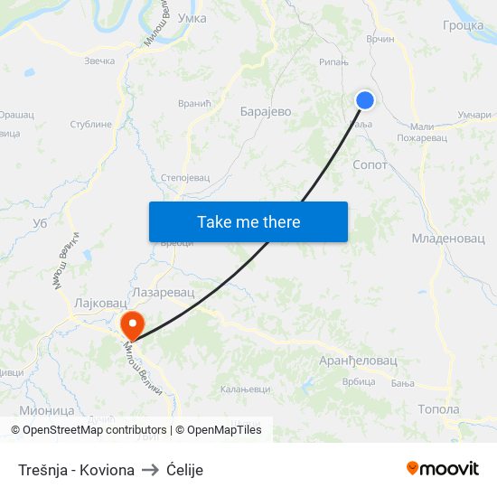 Trešnja - Koviona to Ćelije map