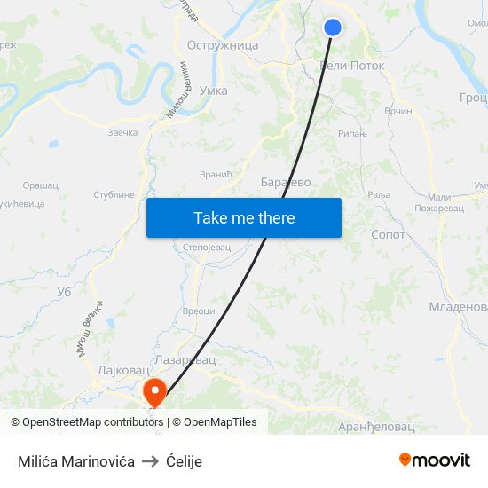 Milića Marinovića to Ćelije map