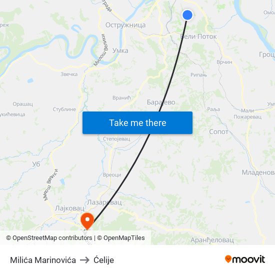 Milića Marinovića to Ćelije map