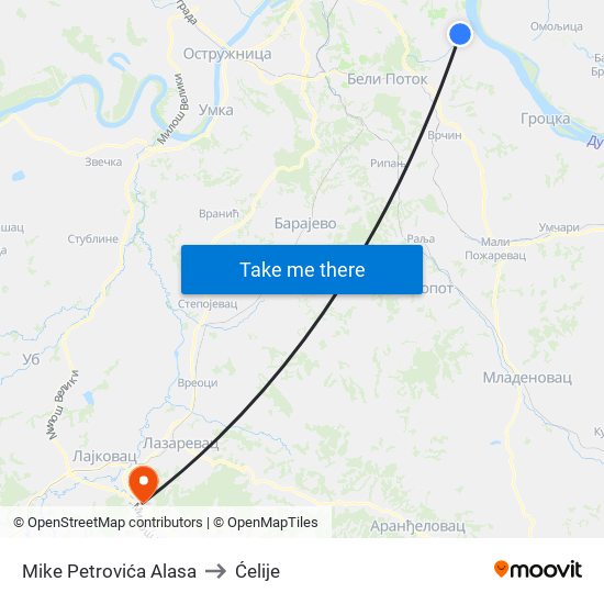 Mike Petrovića Alasa to Ćelije map