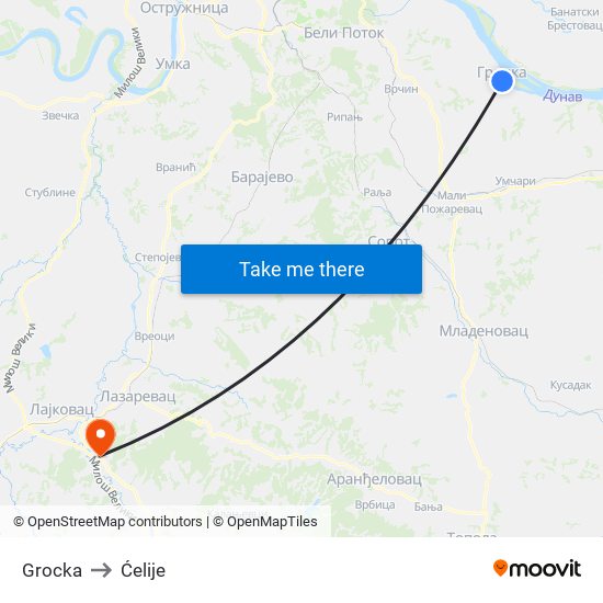 Grocka to Ćelije map