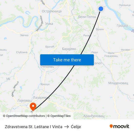 Zdravstvena St. Leštane I Vinča to Ćelije map