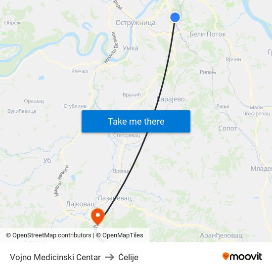 Vojno Medicinski Centar to Ćelije map