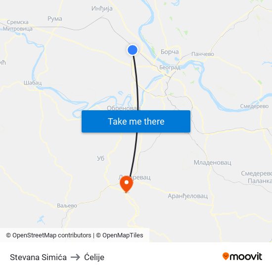 Stevana Simića to Ćelije map