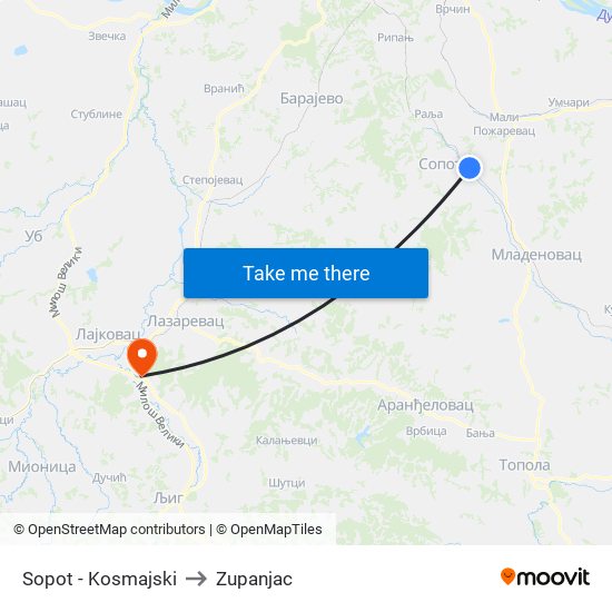 Sopot - Kosmajski to Zupanjac map