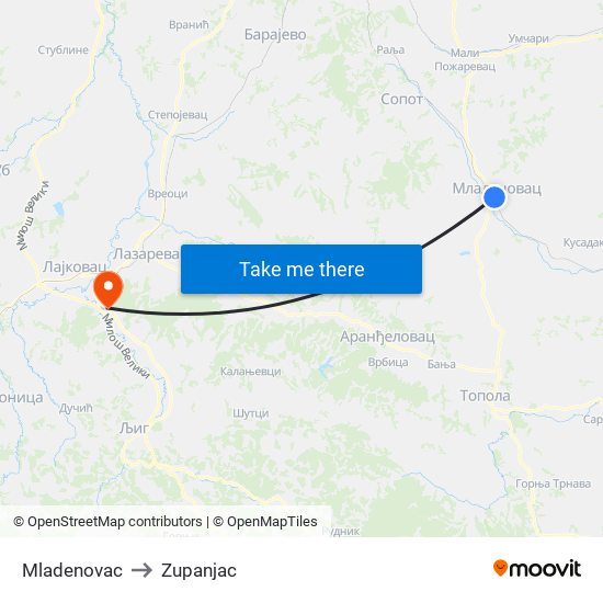 Mladenovac to Zupanjac map