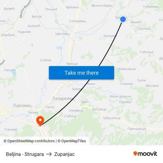 Beljina - Strugara to Zupanjac map