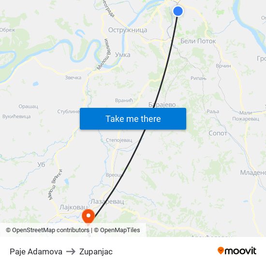 Paje Adamova to Zupanjac map