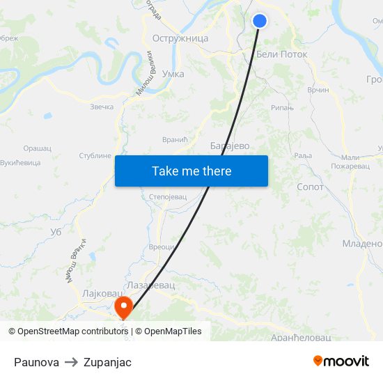 Paunova to Zupanjac map