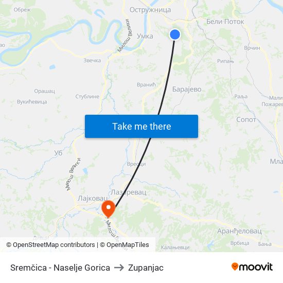 Sremčica - Naselje Gorica to Zupanjac map