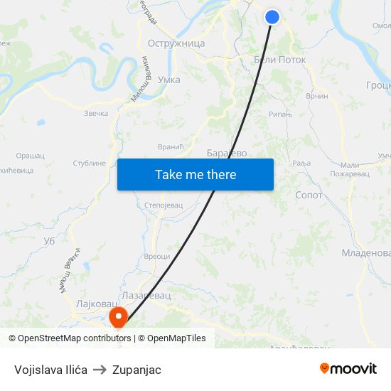 Vojislava Ilića to Zupanjac map
