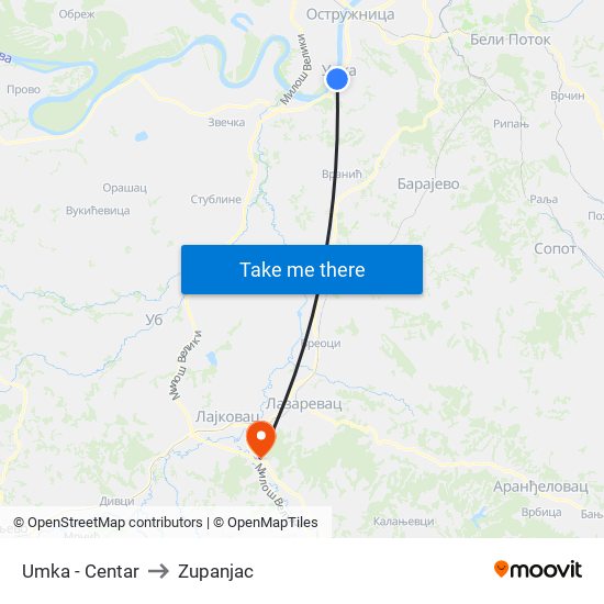 Umka - Centar to Zupanjac map