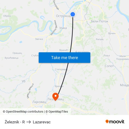 Železnik - R to Lazarevac map