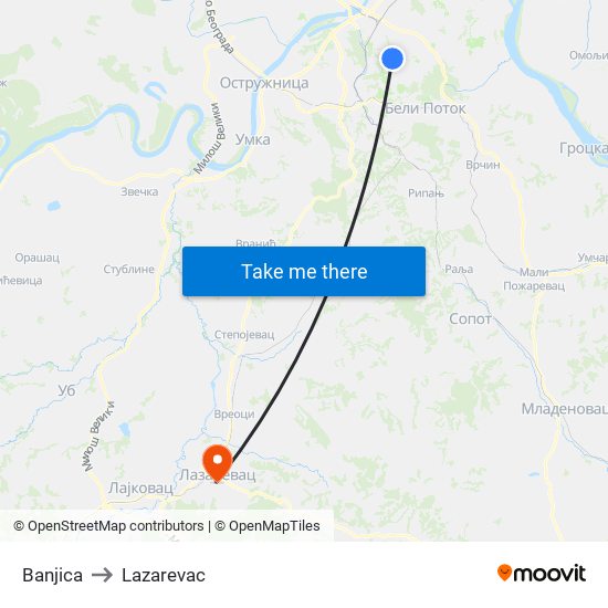 Banjica to Lazarevac map