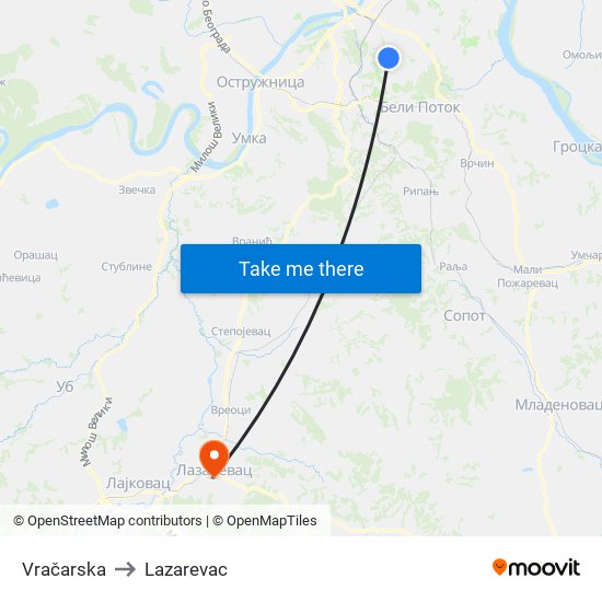 Vračarska to Lazarevac map