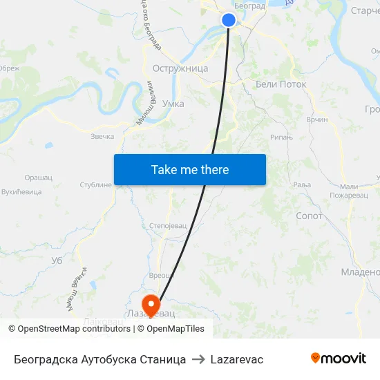 Belgrade Bus Station to Lazarevac map