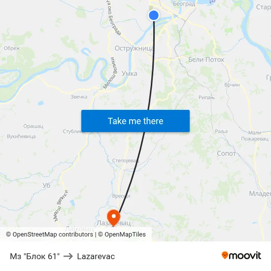 Мз "Блок 61" to Lazarevac map