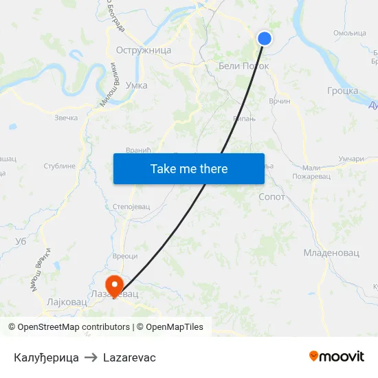 Kaludjericka to Lazarevac map