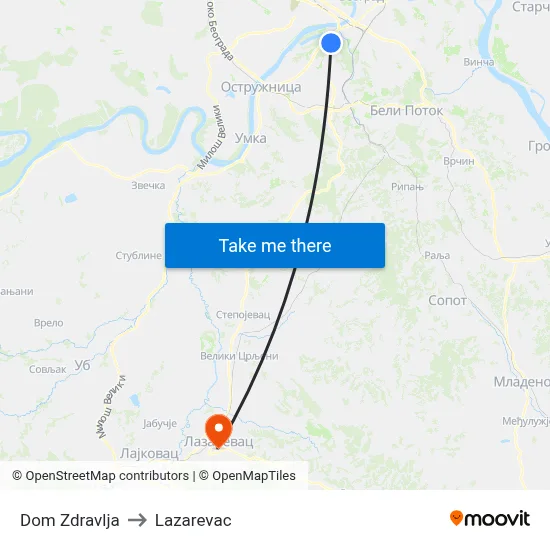 Health Center to Lazarevac map