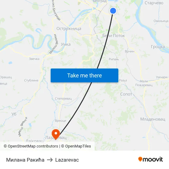 Milana Rakića to Lazarevac map