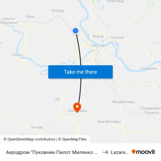 Аеродром "Пуковник-Пилот Миленко Павловић" to Lazarevac map