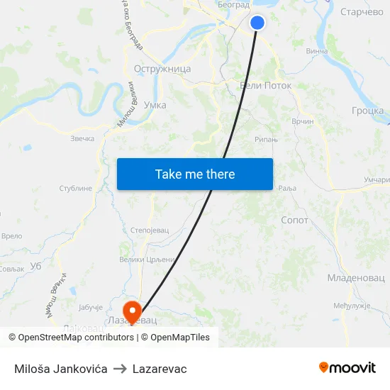 Milosa Jankovica to Lazarevac map