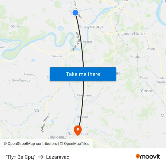 "Пут За Срц" to Lazarevac map