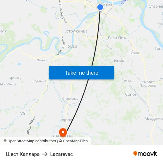 Six Kaplara to Lazarevac map