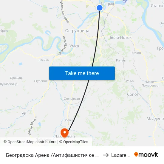 Београдска Арена /Антифашистичке Борбе/ to Lazarevac map