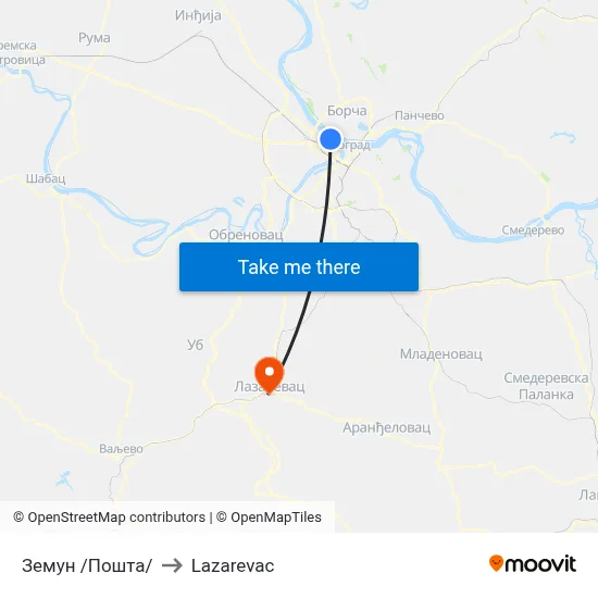 Земун /Пошта/ to Lazarevac map