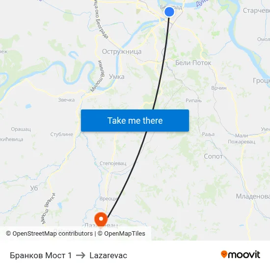 Бранков Мост 1 to Lazarevac map