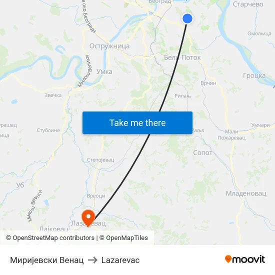 Mirijevski Venac to Lazarevac map