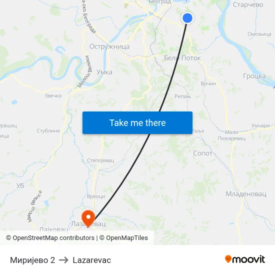 Mirijevo 2 to Lazarevac map