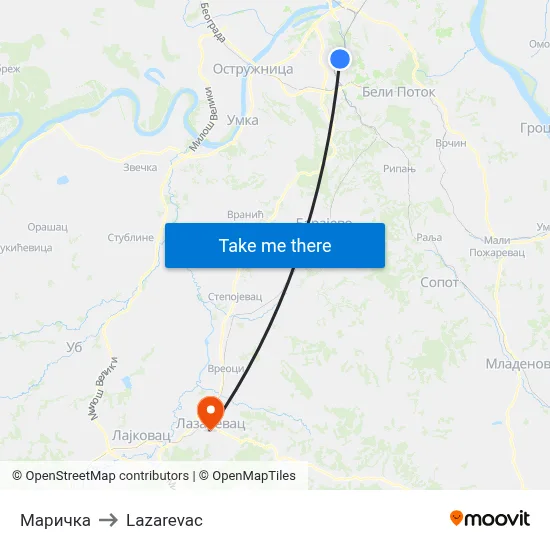 Maricka to Lazarevac map