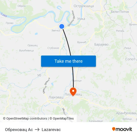 Обреновац Ас to Lazarevac map
