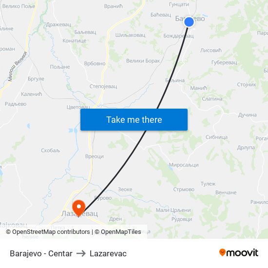 Barajevo - Centar to Lazarevac map