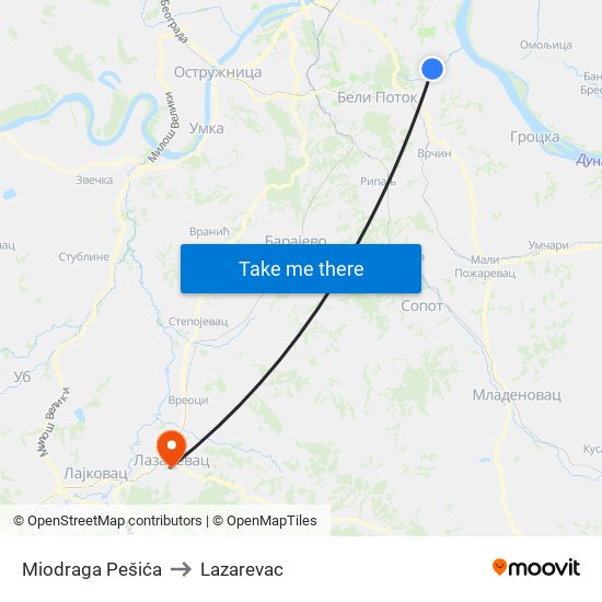 Miodraga Pešića to Lazarevac map