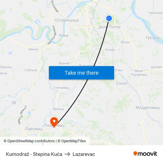 Kumodraž - Stepina Kuća to Lazarevac map