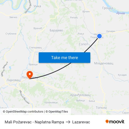 Mali Požarevac - Naplatna Rampa to Lazarevac map