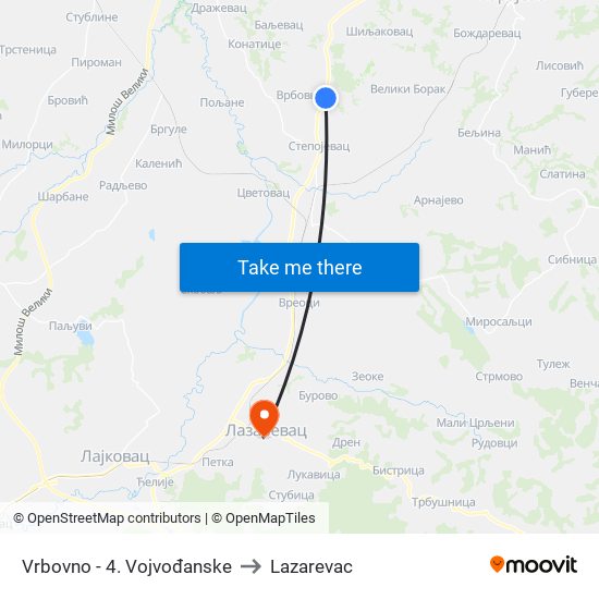 Vrbovno - 4. Vojvođanske to Lazarevac map