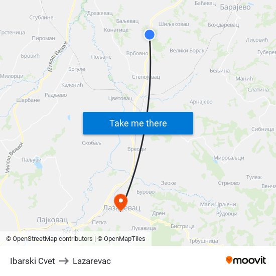 Ibarski Cvet to Lazarevac map