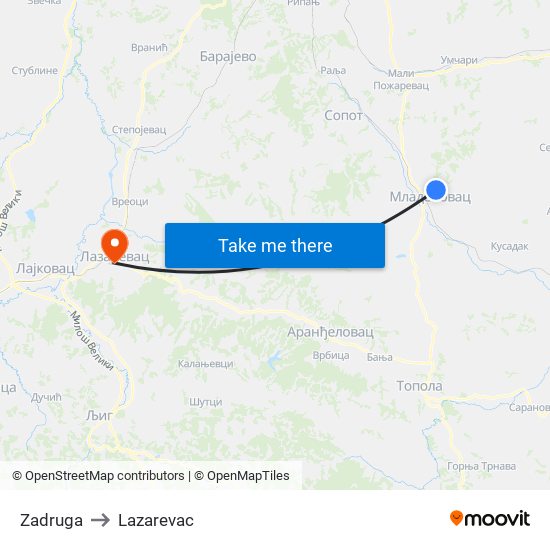 Zadruga to Lazarevac map