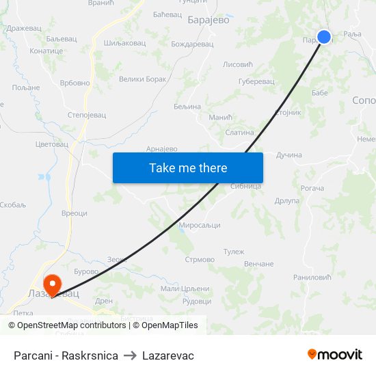 Parcani - Raskrsnica to Lazarevac map