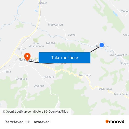 Baroševac to Lazarevac map