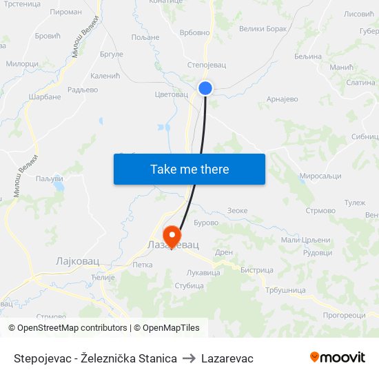 Stepojevac - Železnička Stanica to Lazarevac map