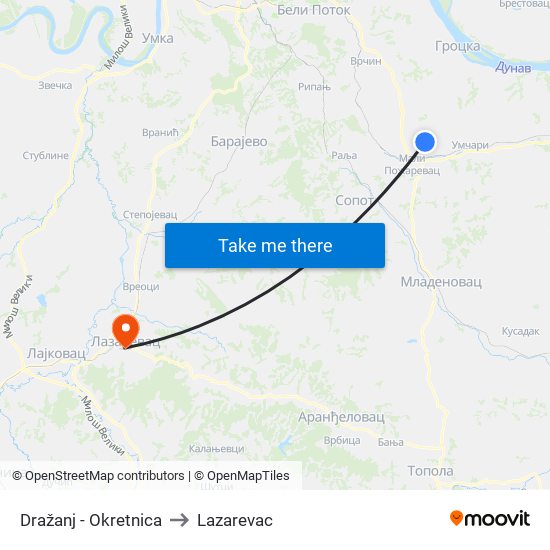 Dražanj - Okretnica to Lazarevac map