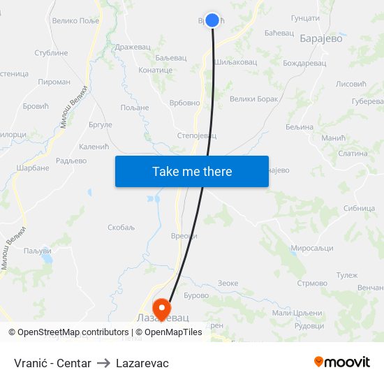 Vranić - Centar to Lazarevac map