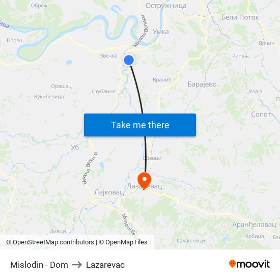 Mislođin - Dom to Lazarevac map