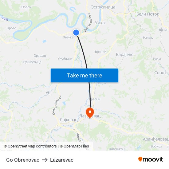 Go Obrenovac to Lazarevac map