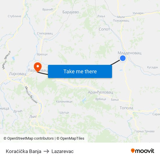 Koraćička Banja to Lazarevac map